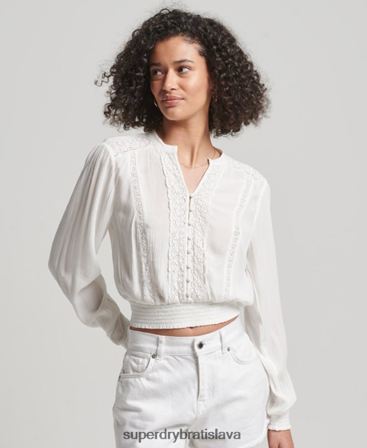 Superdry ženy blúzka s čipkovaným lemom s dlhým rukávom 6B4ZTR2270 oblečenie krém