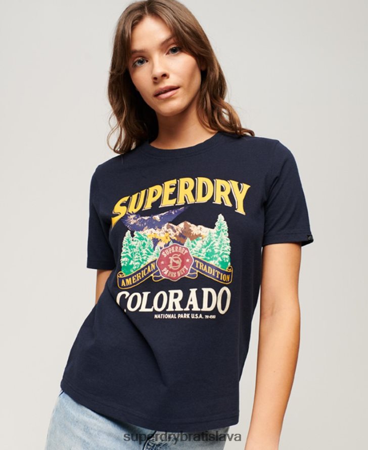 Superdry ženy cestovné suvenír grafické tričko 6B4ZTR2659 oblečenie námorníctvo
