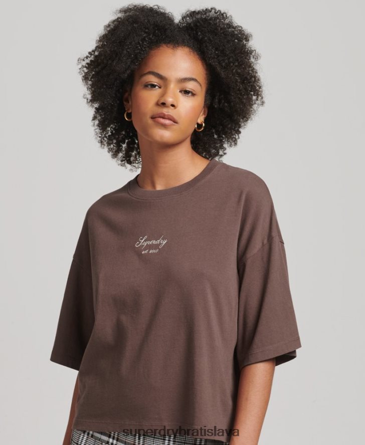 Superdry ženy dedičné vyšívané hranaté tričko 6B4ZTR6229 oblečenie hnedá