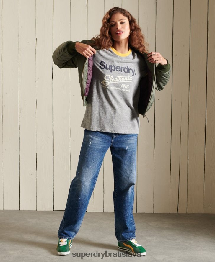 Superdry ženy jadro logo American Classics ringer tričko 6B4ZTR6304 oblečenie sivá