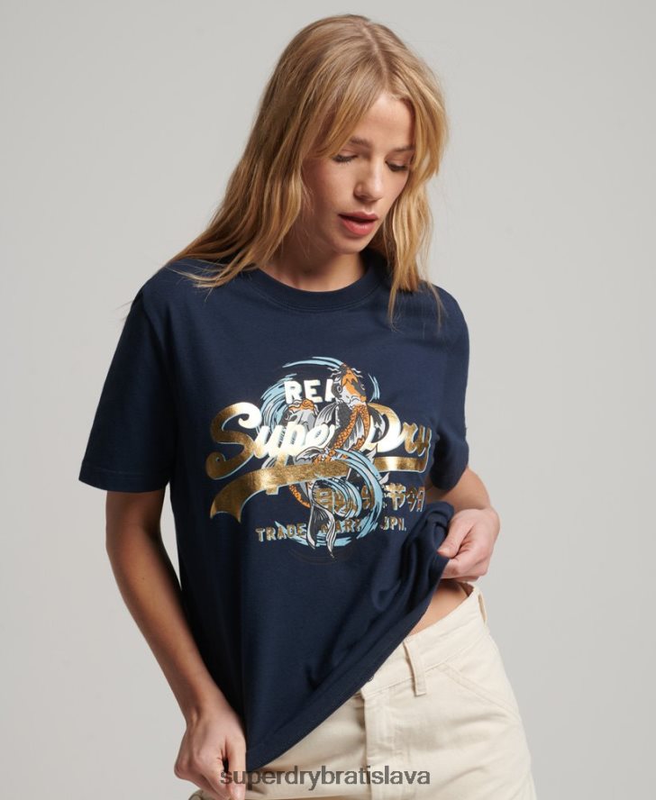 Superdry ženy japonské vintage tričko s grafickým logom 6B4ZTR2720 oblečenie námorníctvo
