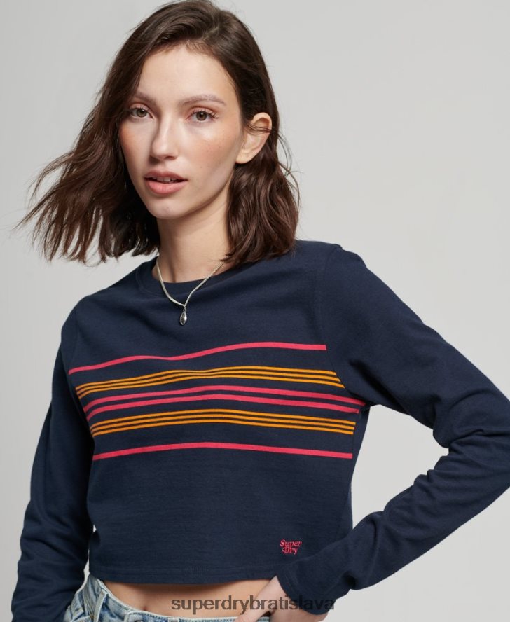 Superdry ženy organická bavlna vintage pruhovaný crop top s dlhým rukávom 6B4ZTR2970 oblečenie námorníctvo