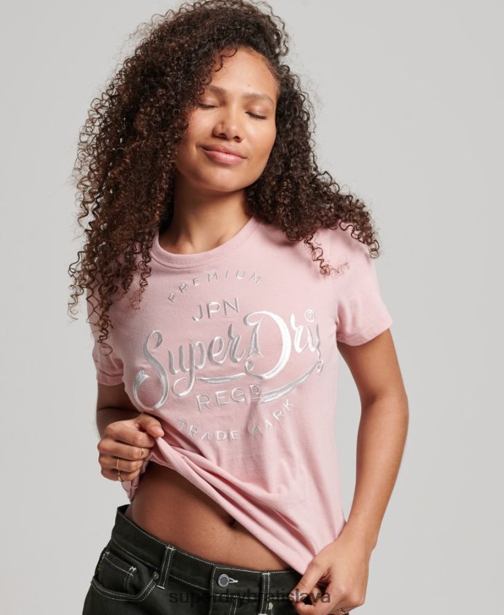 Superdry ženy prémiové vyšívané tričko s nápisom 6B4ZTR6307 oblečenie Ružová