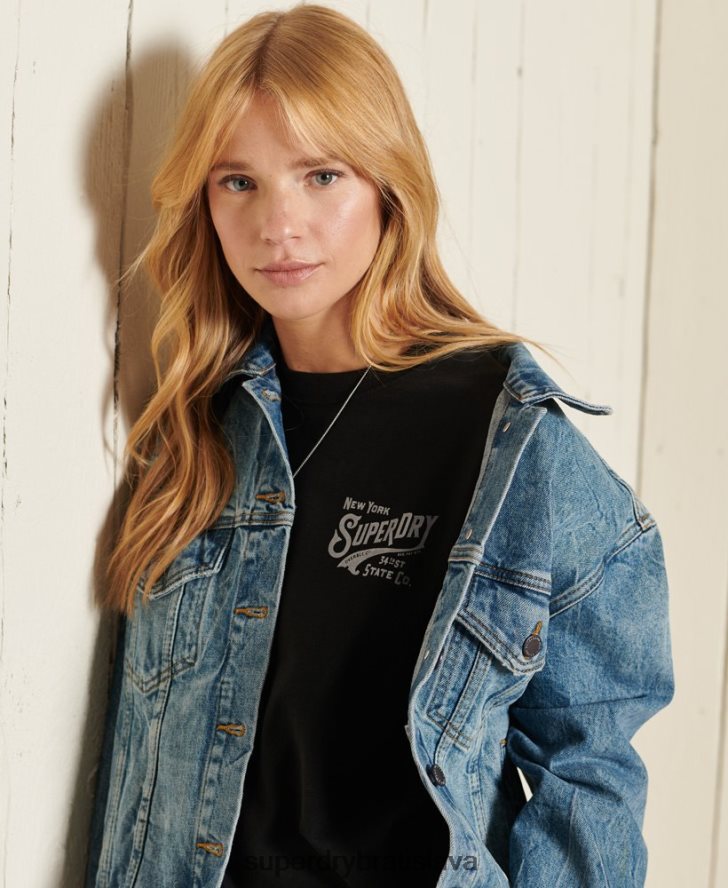 Superdry ženy pracovné oblečenie fóliové tričko v štýle skriptu 6B4ZTR6275 oblečenie čierna