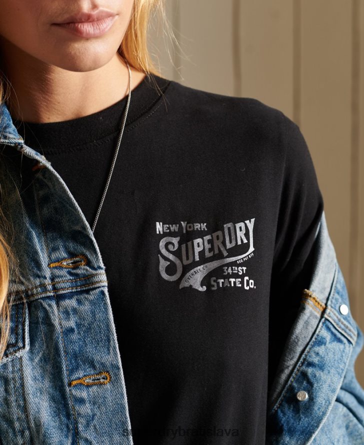 Superdry ženy pracovné oblečenie fóliové tričko v štýle skriptu 6B4ZTR6275 oblečenie čierna
