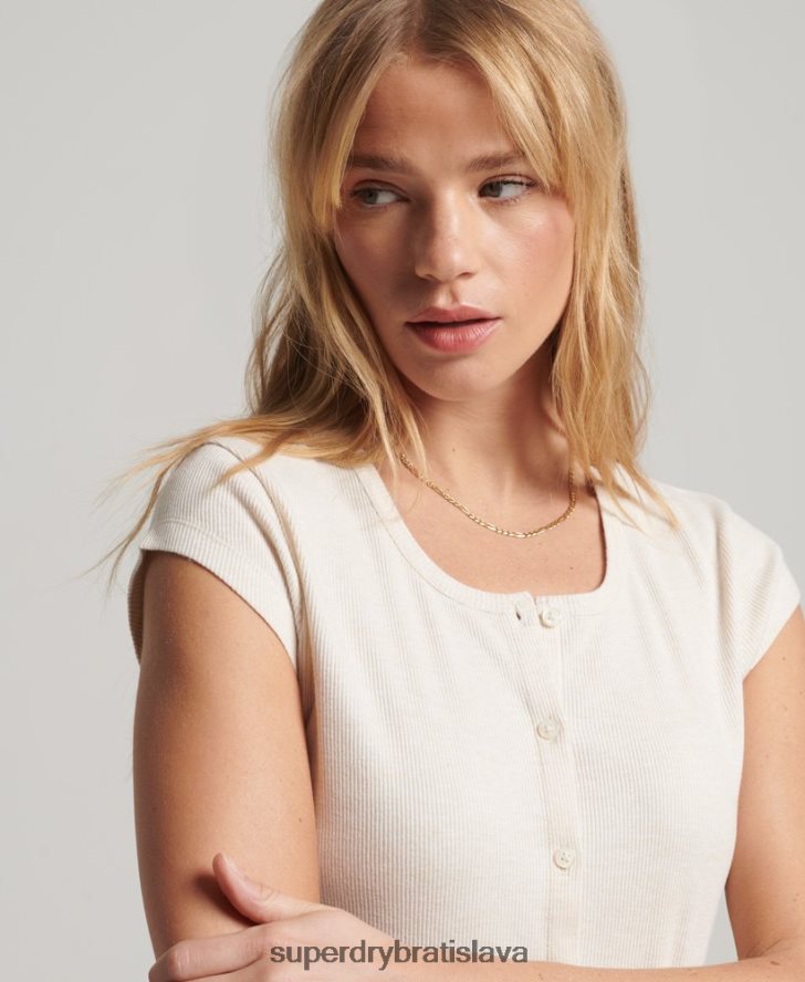 Superdry ženy top s krátkym rukávom na gombíky 6B4ZTR2077 oblečenie béžová