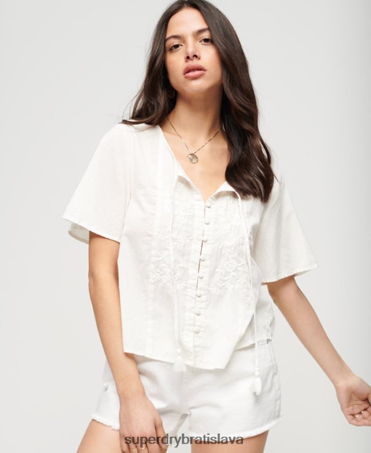 Superdry ženy top s vyšívaným gombíkom s krátkym rukávom 6B4ZTR2078 oblečenie krém