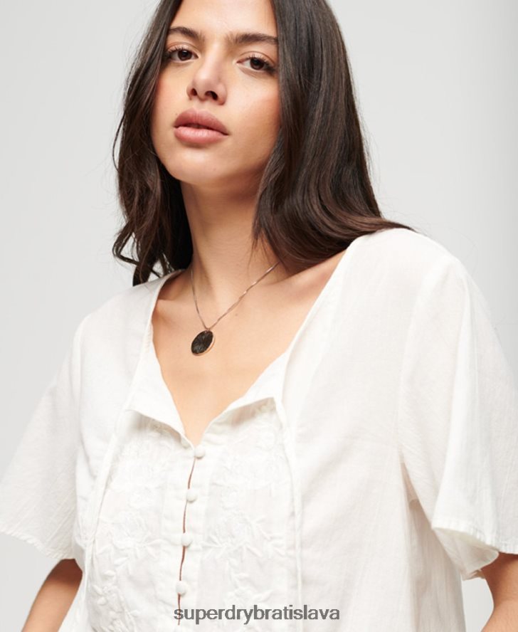 Superdry ženy top s vyšívaným gombíkom s krátkym rukávom 6B4ZTR2078 oblečenie krém