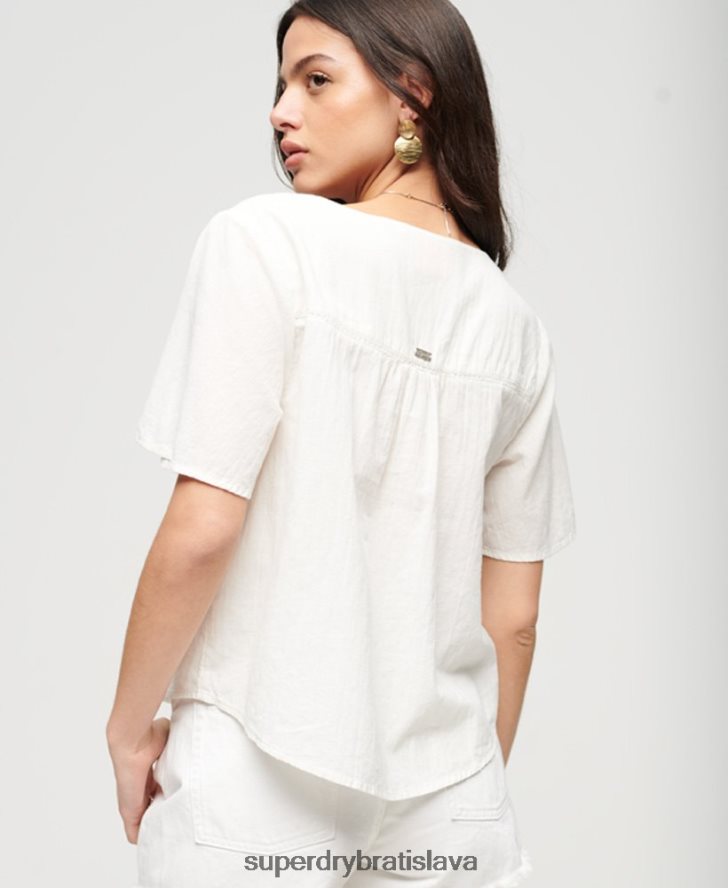 Superdry ženy top s vyšívaným gombíkom s krátkym rukávom 6B4ZTR2078 oblečenie krém