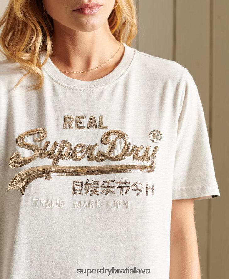 Superdry ženy vintage logo boho trblietavé tričko 6B4ZTR6774 oblečenie béžová