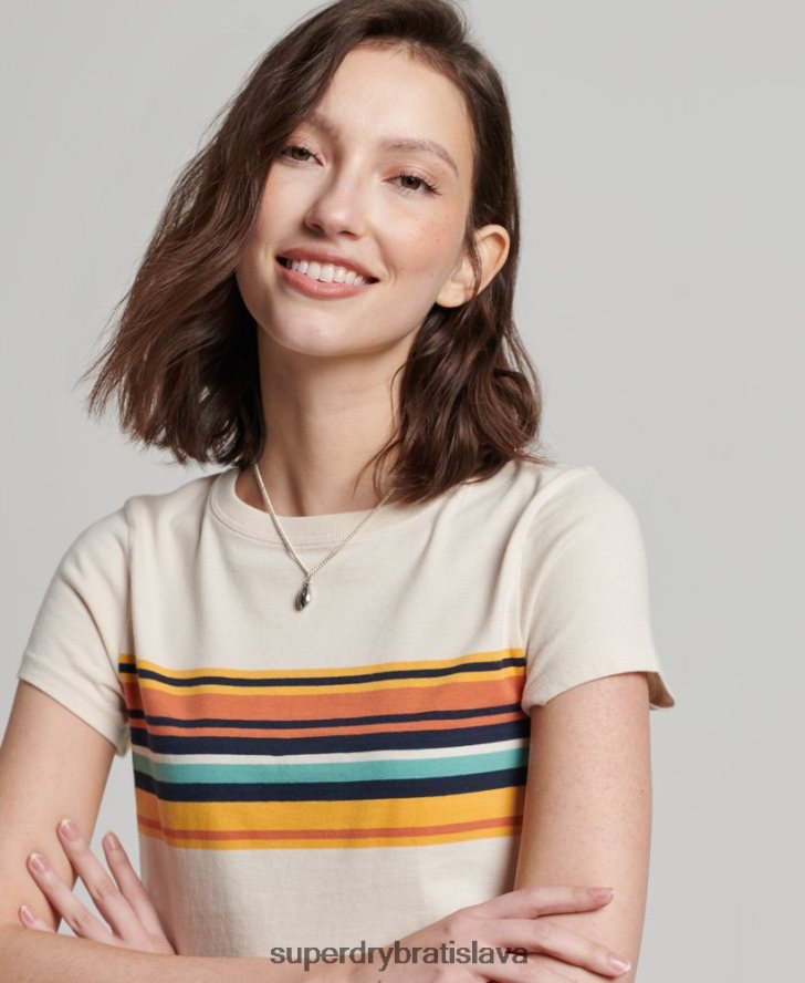 Superdry ženy vintage prúžkované crop tričko 6B4ZTR2705 oblečenie krém