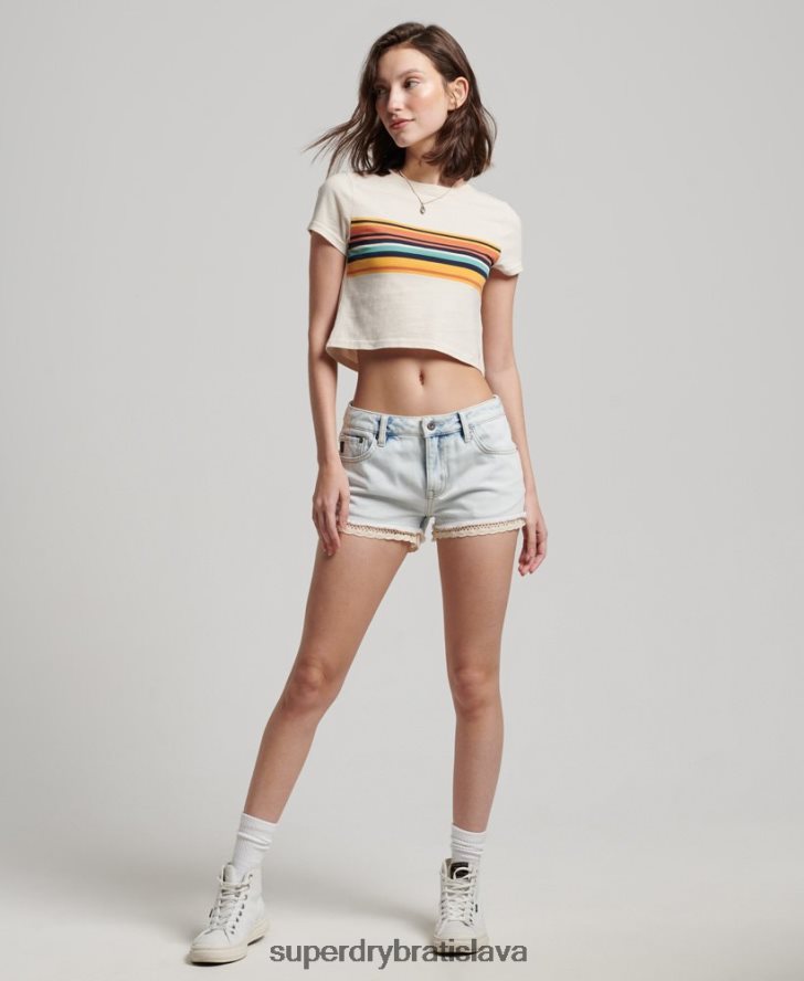 Superdry ženy vintage prúžkované crop tričko 6B4ZTR2705 oblečenie krém