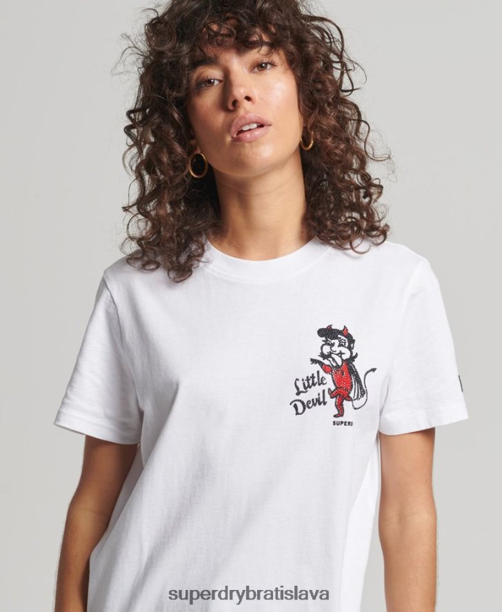 Superdry ženy vintage štrasové tričko s prekračovaním línií 6B4ZTR2823 oblečenie biely
