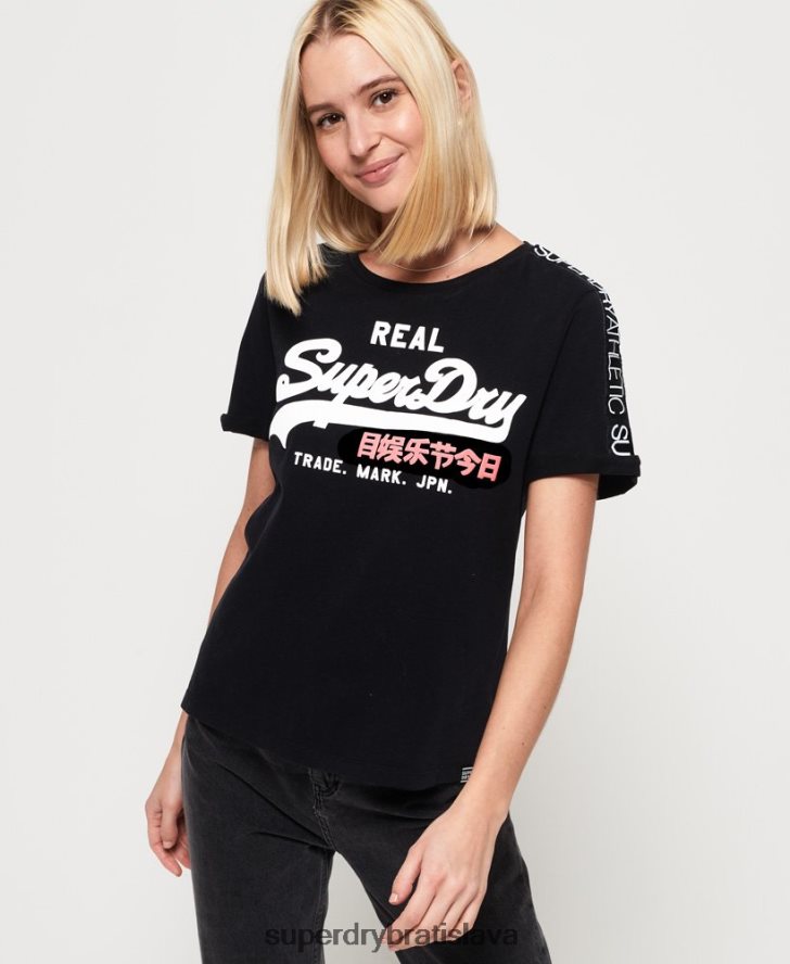 Superdry ženy vintage tričko s páskou na rukáve s logom 6B4ZTR2866 oblečenie čierna