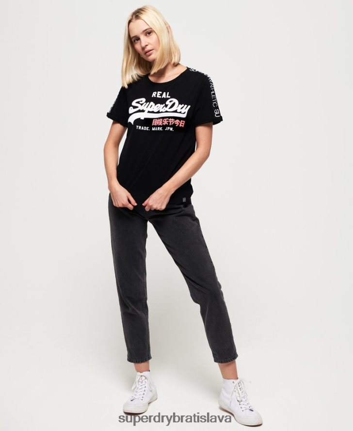 Superdry ženy vintage tričko s páskou na rukáve s logom 6B4ZTR2866 oblečenie čierna