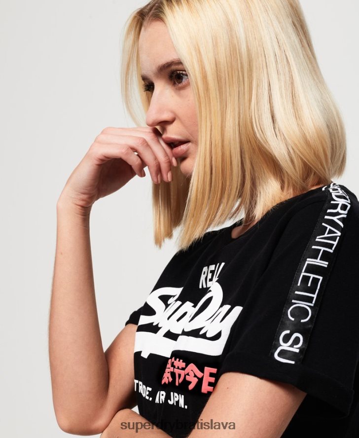 Superdry ženy vintage tričko s páskou na rukáve s logom 6B4ZTR2866 oblečenie čierna