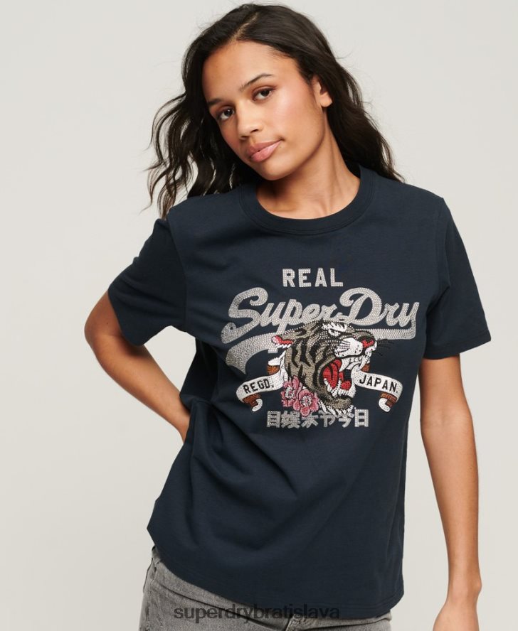 Superdry ženy vintage tričko s výpravným logom 6B4ZTR2084 oblečenie námorníctvo