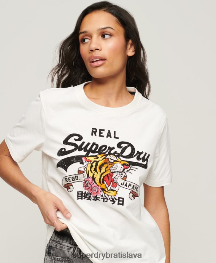 Superdry ženy vintage tričko s výpravným logom 6B4ZTR2157 oblečenie krém