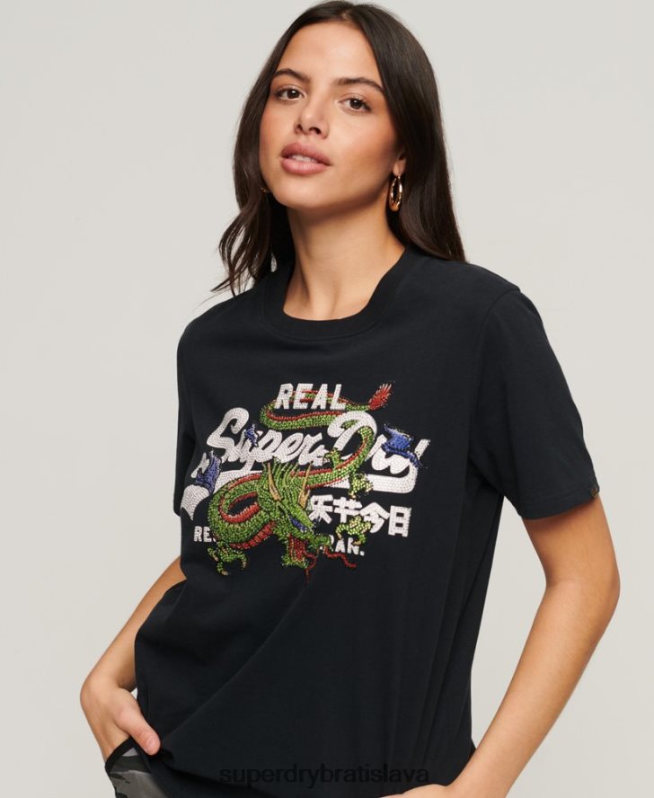 Superdry ženy vintage tričko s výpravným logom 6B4ZTR2175 oblečenie tmavošedý