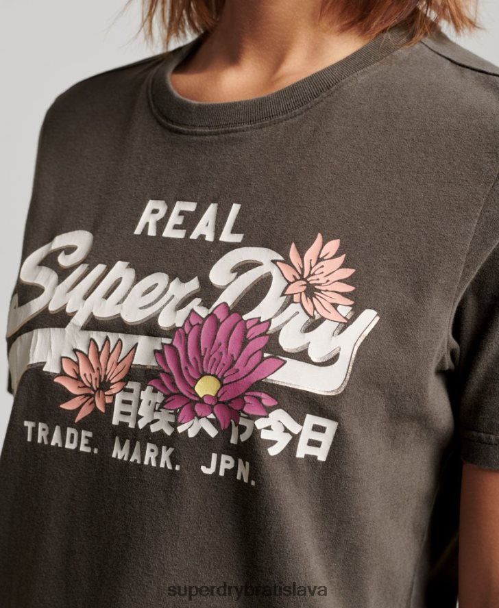 Superdry ženy vintage tričko s výpravným logom 6B4ZTR2190 oblečenie tmavošedý
