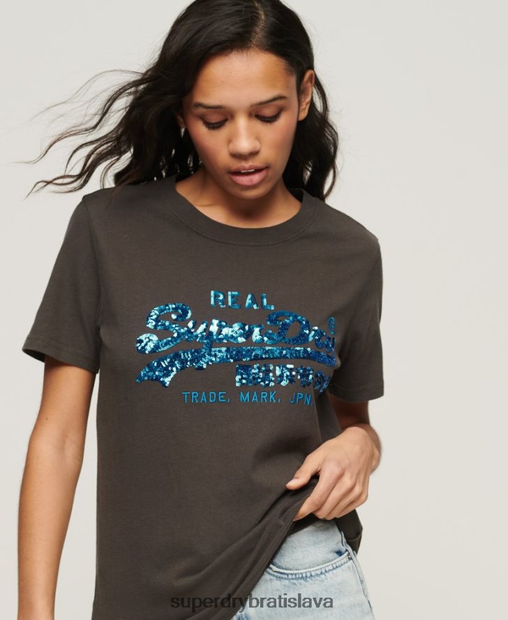 Superdry ženy vintage tričko zdobené logom 6B4ZTR2297 oblečenie tmavošedý