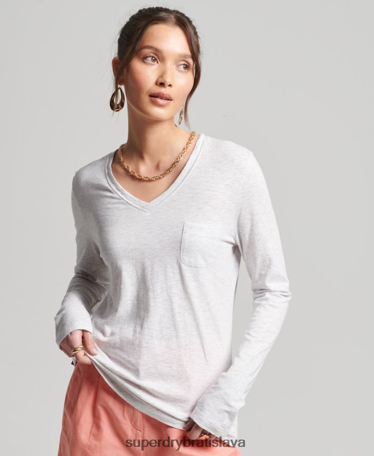 Superdry ženy vrecko z organickej bavlny s dlhým rukávom a výstrihom do V 6B4ZTR6510 oblečenie svetlo šedá