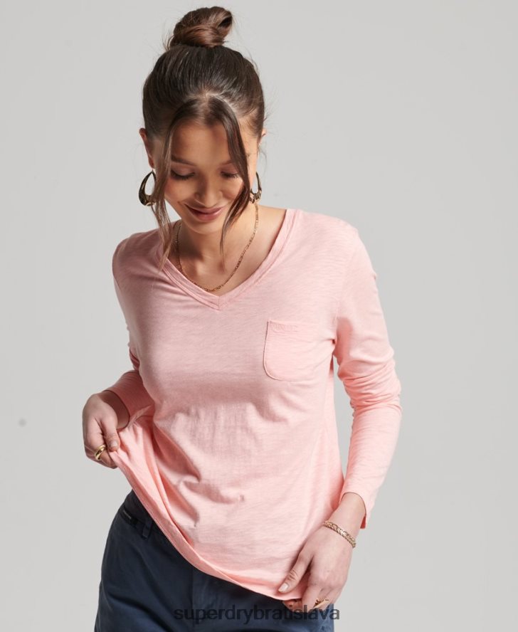 Superdry ženy vrecko z organickej bavlny s dlhým rukávom a výstrihom do V 6B4ZTR6552 oblečenie Ružová