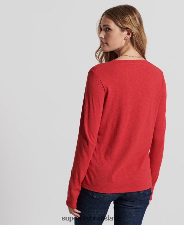 Superdry ženy vrecko z organickej bavlny s dlhým rukávom a výstrihom do V 6B4ZTR6660 oblečenie červená