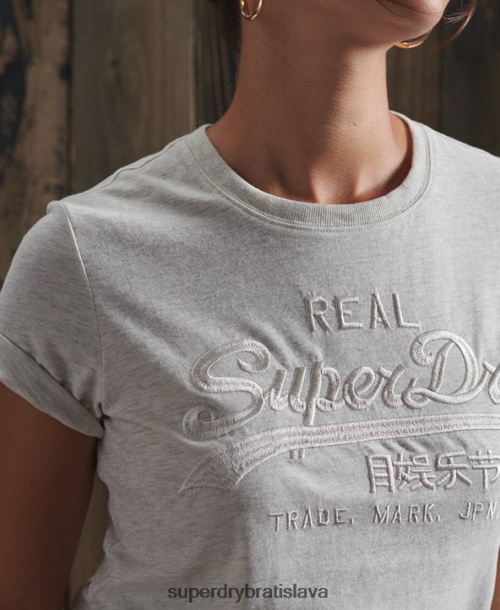 Superdry ženy vyšívané tričko s vintage logom 6B4ZTR6305 oblečenie svetlo šedá