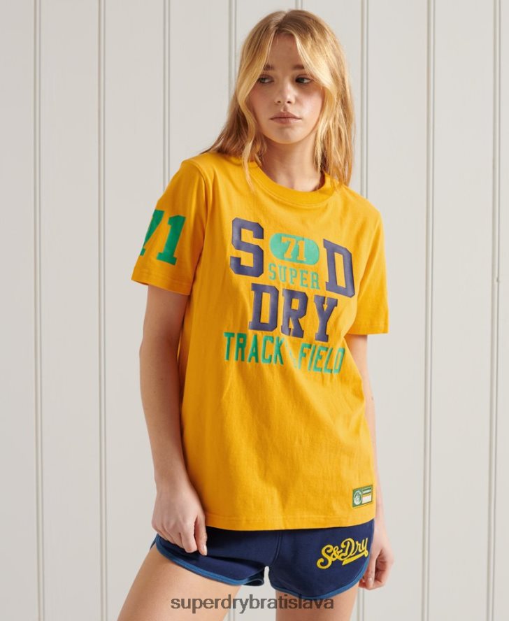 Superdry ženy vysokoškolské tričko atletickej únie 6B4ZTR2795 oblečenie zlato