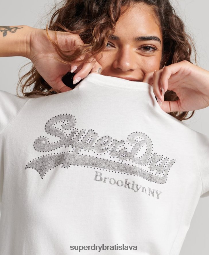 Superdry ženy zdobené tričko s grafickým logom 6B4ZTR6188 oblečenie krém