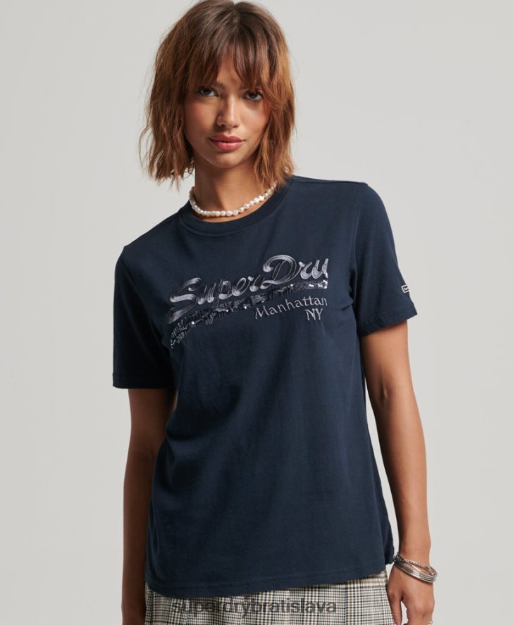 Superdry ženy zdobené tričko s grafickým logom 6B4ZTR6203 oblečenie námorníctvo