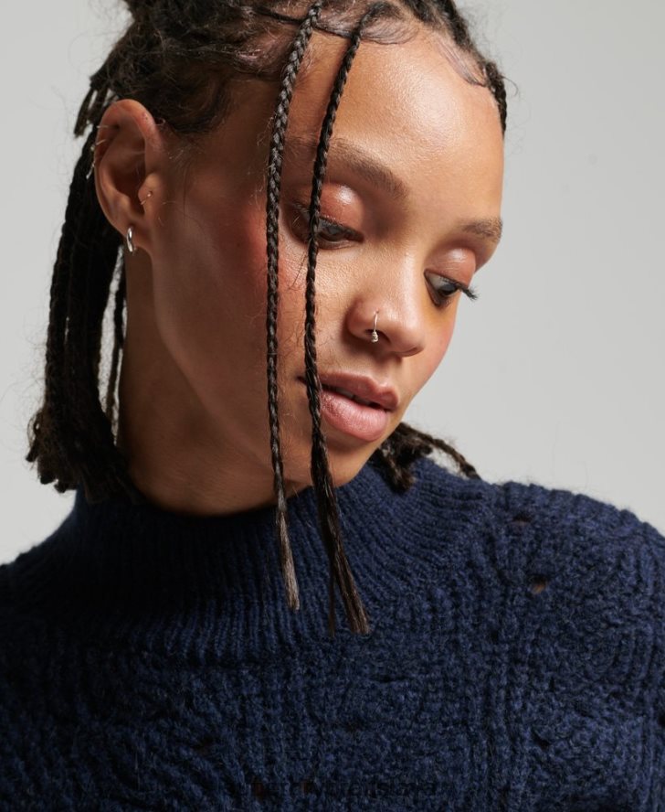 Superdry ženy Pointelle kábel pletený sveter 6B4ZTR3955 oblečenie námorníctvo