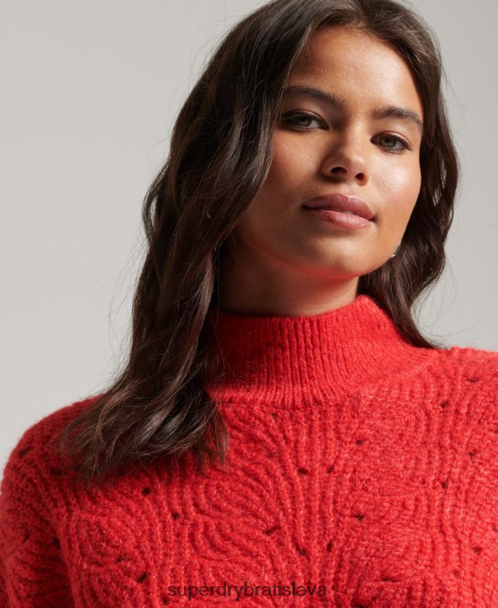 Superdry ženy Pointelle kábel pletený sveter 6B4ZTR3977 oblečenie červená