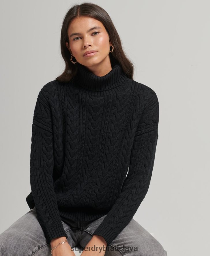 Superdry ženy drop rameno kábel roll neck jumper 6B4ZTR4001 oblečenie čierna