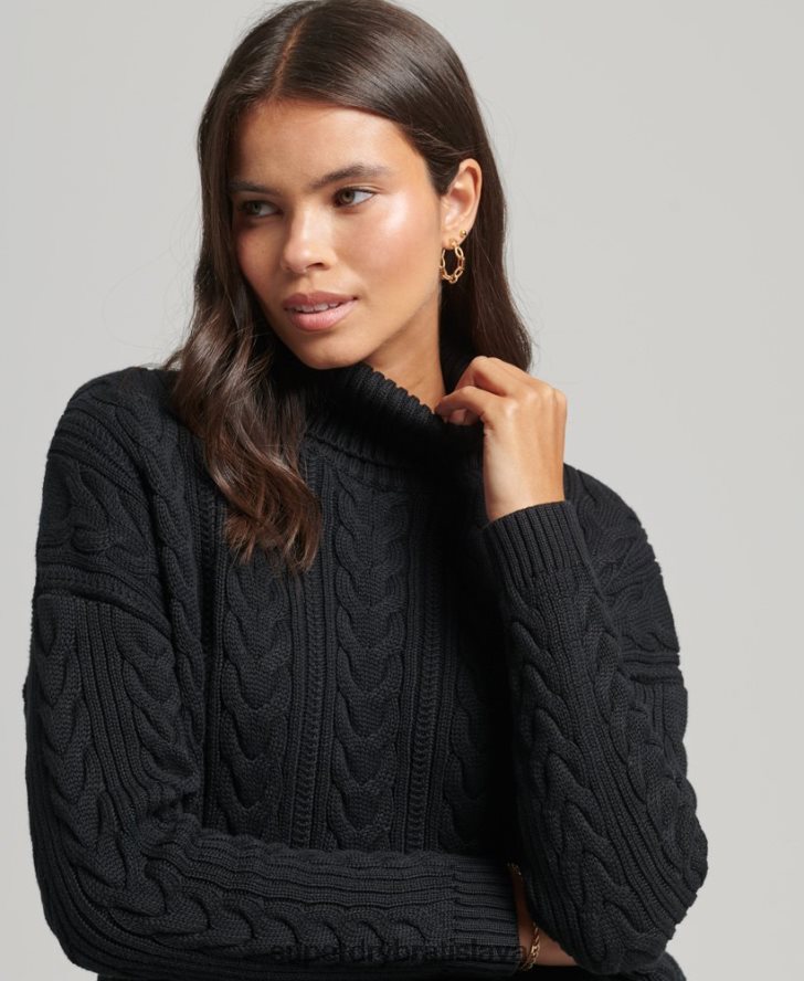Superdry ženy drop rameno kábel roll neck jumper 6B4ZTR4001 oblečenie čierna