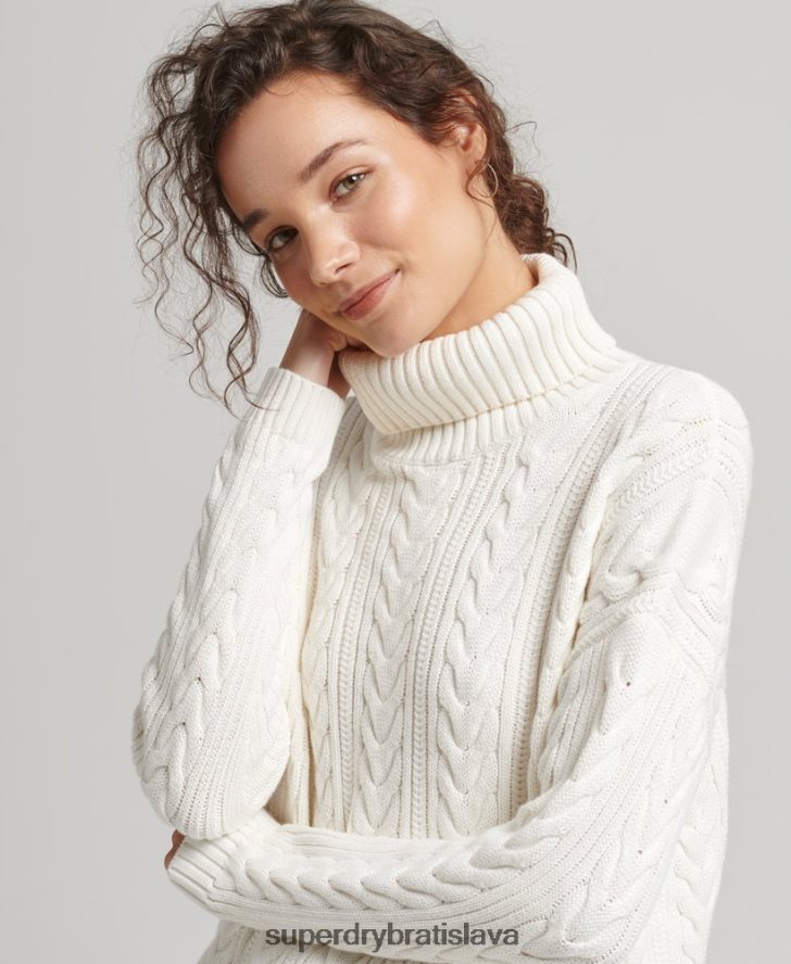 Superdry ženy drop rameno kábel roll neck jumper 6B4ZTR4030 oblečenie biely