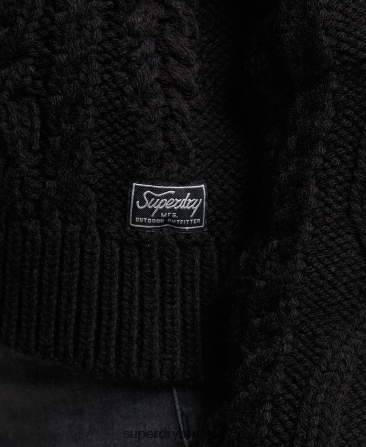 Superdry ženy káblom pletený sveter s polo krkom 6B4ZTR3976 oblečenie čierna