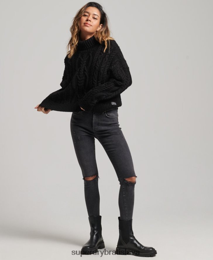 Superdry ženy káblom pletený sveter s polo krkom 6B4ZTR3976 oblečenie čierna