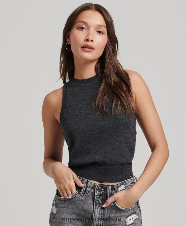Superdry ženy merino pletená vesta s výstrihom 6B4ZTR2976 oblečenie tmavošedý