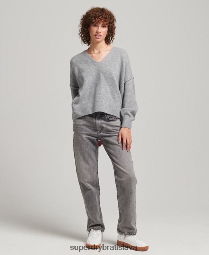 Superdry ženy oversized sveter s výstrihom do V 6B4ZTR3990 oblečenie svetlo šedá