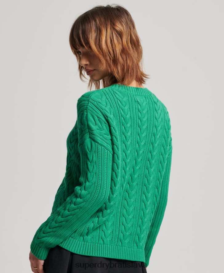 Superdry ženy poklesnuté rameno kábel pletený crew neck jumper 6B4ZTR3993 oblečenie zelená