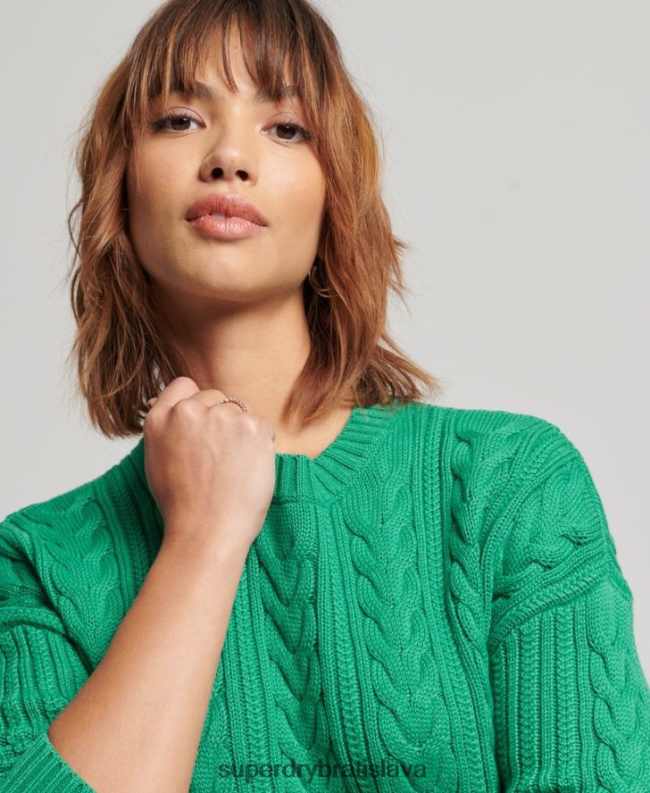 Superdry ženy poklesnuté rameno kábel pletený crew neck jumper 6B4ZTR3993 oblečenie zelená