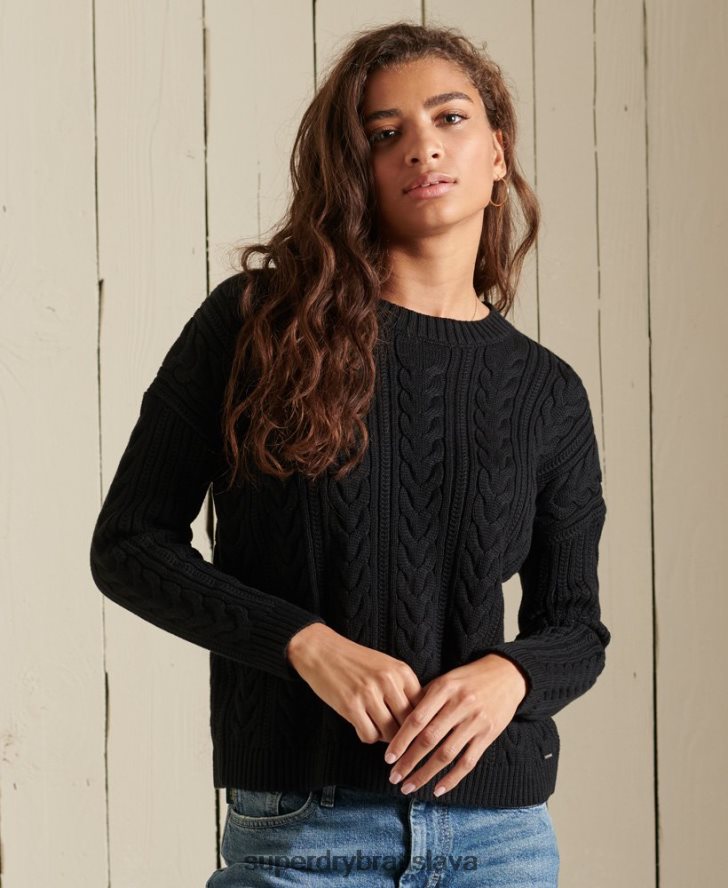 Superdry ženy poklesnuté rameno kábel pletený crew neck jumper 6B4ZTR3995 oblečenie čierna