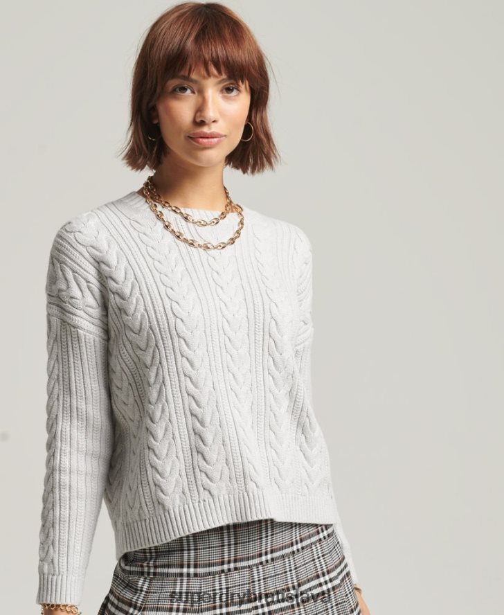 Superdry ženy poklesnuté rameno kábel pletený crew neck jumper 6B4ZTR4024 oblečenie svetlo šedá