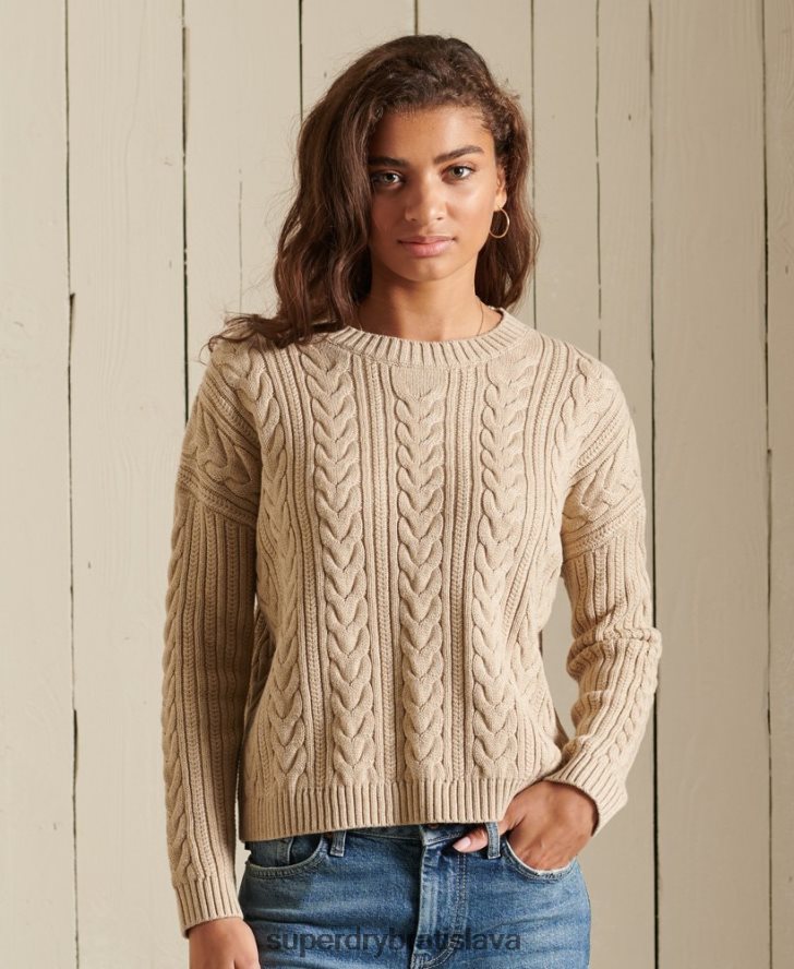 Superdry ženy poklesnuté rameno kábel pletený crew neck jumper 6B4ZTR4026 oblečenie béžová