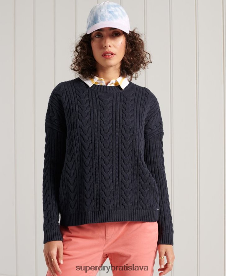 Superdry ženy poklesnuté rameno kábel pletený crew neck jumper 6B4ZTR4028 oblečenie námorníctvo