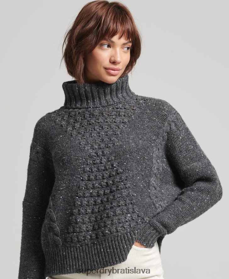 Superdry ženy robustný káblový sveter na krk 6B4ZTR6614 oblečenie sivá
