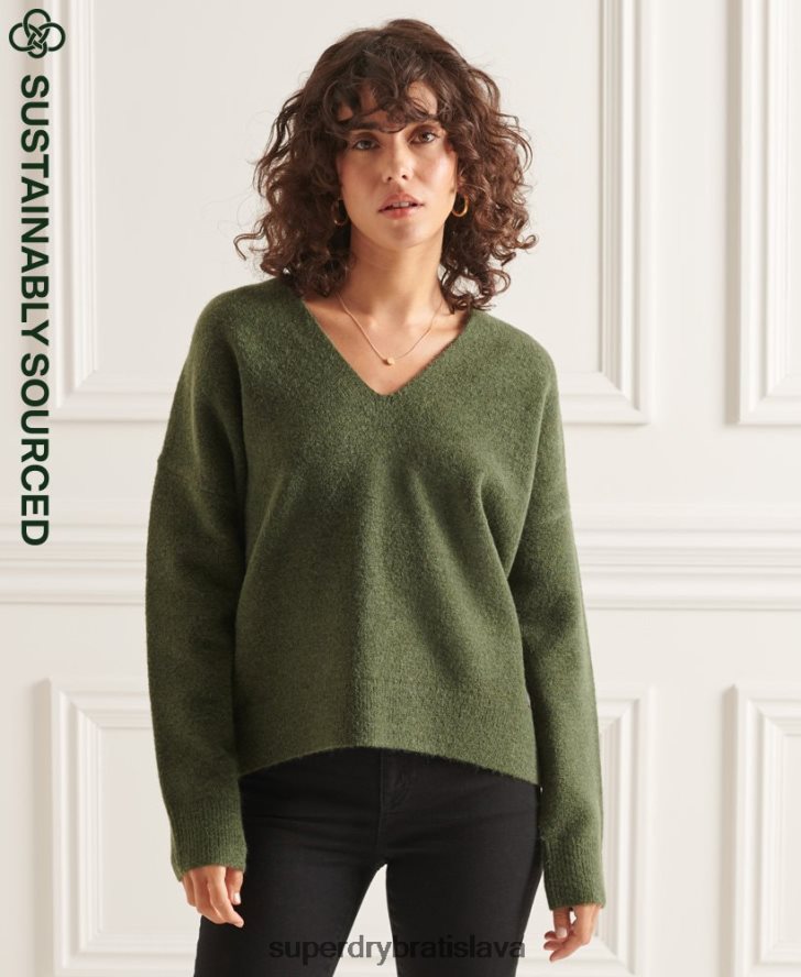 Superdry ženy štúdiový pletený sveter s véčkovým výstrihom 6B4ZTR4013 oblečenie zelená