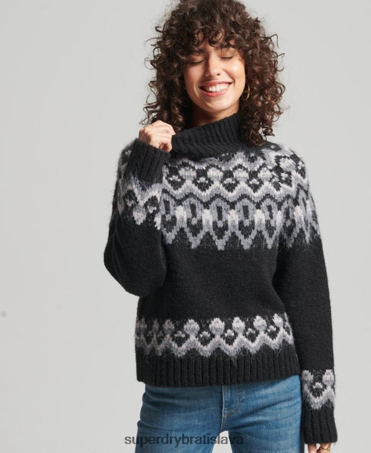 Superdry ženy vintage pletený sveter s fairisle 6B4ZTR3978 oblečenie čierna